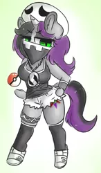 Size: 1122x1920 | Tagged: safe, artist:wickedsilly, derpibooru import, oc, unofficial characters only, anthro, unguligrade anthro, unicorn, anthro oc, breasts, clothes, costume, crossover, female, pokéball, pokémon, pokémon sun and moon, shorts, solo, tanktop, team skull
