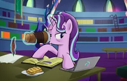 Size: 2972x1910 | Tagged: apple fritter (food), artist:oinktweetstudios, bags under eyes, book, coffee, computer, derpibooru import, drinking, food, glowing horn, horn, laptop computer, levitation, lidded eyes, magic, quill, safe, solo, starlight glimmer, telekinesis, tired, twilight's castle, writing