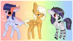 Size: 1920x1080 | Tagged: safe, artist:shizuka-kiyoko, derpibooru import, oc, oc:blue dusk, oc:sandy storms, oc:sha'leka, unofficial characters only, bat pony, pony, zebra, burn, ear piercing, earring, eyepatch, group, hair dye, heterochromia, jewelry, piercing, scar, tattoo, wing piercing