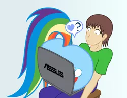 Size: 2472x1912 | Tagged: suggestive, artist:badumsquish, derpibooru import, rainbow dash, oc, oc:generic messy hair anime anon, human, :<, asus, backwards cutie mark, butt, computer, do not want, dock, female, frown, funny porn, gradient background, heart, kiss my ass, male, monitor, pictogram, plot, presenting, pun, question mark, rainbutt dash, raised tail, simple background, speech bubble, straight, tail, wide eyes