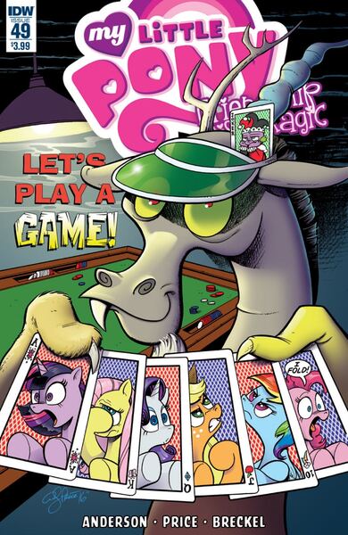 Size: 864x1328 | Tagged: safe, artist:andypriceart, derpibooru import, idw, discord, spike, twilight sparkle, twilight sparkle (alicorn), alicorn, pony, chaos theory (arc), spoiler:comic, spoiler:comic49, accord (arc), cover, in all disorder a secret order, part the second: in all chaos there is a cosmos, playing card, poker