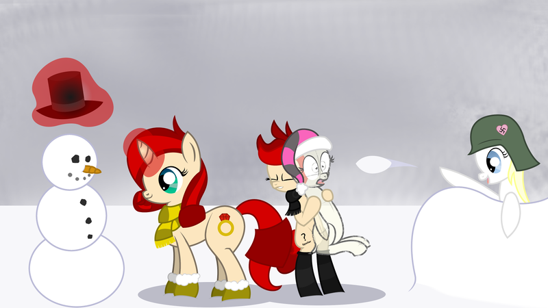 Size: 1920x1080 | Tagged: safe, artist:anonymousdrawfig, derpibooru import, oc, oc:aryanne, oc:red pone (8chan), oc:ruby (8chan), oc:sketchy (8chan), unofficial characters only, earth pony, pony, unicorn, /pone/, 8chan, boots, clothes, hat, heart, nazi, scarf, shoes, snow, snowball, snowball fight, snowman, stahlhelm, swastika, winter