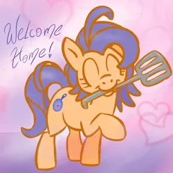 Size: 900x898 | Tagged: safe, artist:lockhe4rt, derpibooru import, frying pan (character), earth pony, pony, viva las pegasus, background pony, dialogue, eyes closed, frying pan, heart, las pegasus resident, raised hoof, smiling, solo
