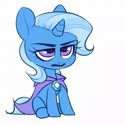 Size: 1080x1080 | Tagged: safe, artist:aphphphphp, derpibooru import, trixie, pony, unicorn, cape, clothes, female, mare, missing accessory, open mouth, simple background, sitting, solo, trixie's cape, unamused, white background