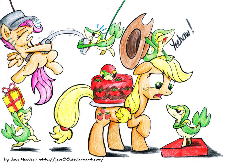 Size: 1024x741 | Tagged: dead source, safe, artist:jcosneverexisted, derpibooru import, applejack, scootaloo, snivy, cake, food, hat, headphones, pokémon, present