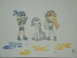 Size: 4000x3000 | Tagged: artist:brianchoobrony-artie, blue (inkling), clothes, crossover, derpibooru import, inkling, orange (inkling), paint, rarity, safe, shoes, sneakers, splatoon, splattershot, traditional art