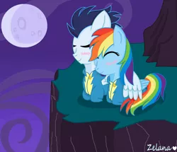 Size: 1920x1648 | Tagged: safe, artist:zelanamlp, derpibooru import, rainbow dash, soarin', pegasus, pony, blushing, chibi, clothes, cute, female, full moon, hug, male, moon, night, shipping, soarindash, straight, uniform, wonderbolts uniform