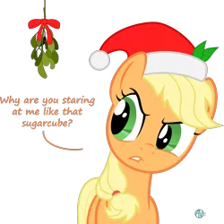 Size: 2117x2117 | Tagged: safe, artist:arifproject, derpibooru import, part of a set, applejack, pony, arif's mistletoe pone, christmas, dialogue, hat, holiday, mistletoe, ribbon, santa hat, simple background, solo, transparent background, vector