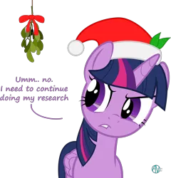 Size: 2030x2117 | Tagged: safe, artist:arifproject, derpibooru import, part of a set, twilight sparkle, twilight sparkle (alicorn), alicorn, pony, arif's mistletoe pone, christmas, denied, dialogue, female, folded wings, hat, holiday, leaf, mare, mistletoe, ribbon, santa hat, simple background, solo, transparent background, vector, wings