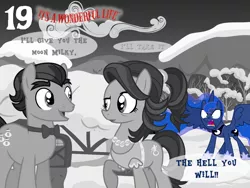 Size: 1024x768 | Tagged: safe, artist:bronybyexception, derpibooru import, filthy rich, princess luna, spoiled rich, alicorn, earth pony, pony, advent calendar, angry, christmas, female, hearth's warming eve, holiday, it's a wonderful life, male, monochrome, overprotective, possessive, shipping, spoiled milk, spoilthy, straight, this will end in tears, this will end in tears and/or a journey to the moon, this will not end well, younger