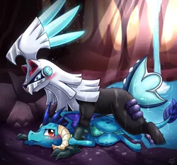 Size: 1611x1500 | Tagged: artist:vavacung, blushing, cavern, crossover, crossover shipping, derpibooru import, dragon, pokémon, pokémon sun and moon, princess ember, shipping, silvally, story in the source, suggestive, waterfall