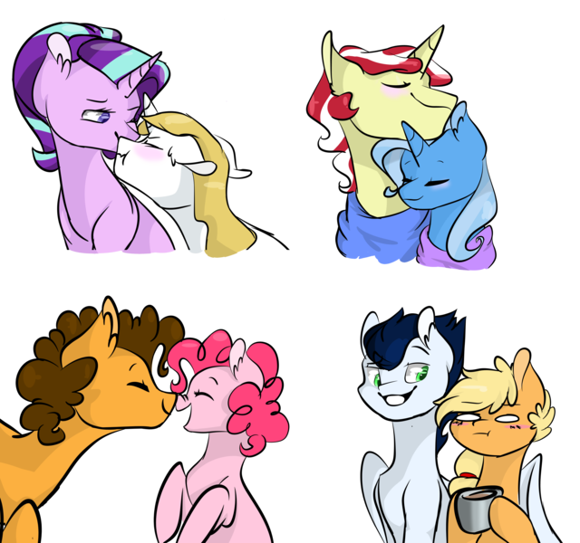 Size: 3731x3500 | Tagged: safe, artist:moonrisedawn, derpibooru import, applejack, cheese sandwich, flim, pinkie pie, prince blueblood, soarin', starlight glimmer, trixie, pony, unicorn, blushing, boop, cheesepie, crack shipping, female, flixie, hug, male, mare, noseboop, shipping, simple background, soarinjack, straight, transparent background, winghug