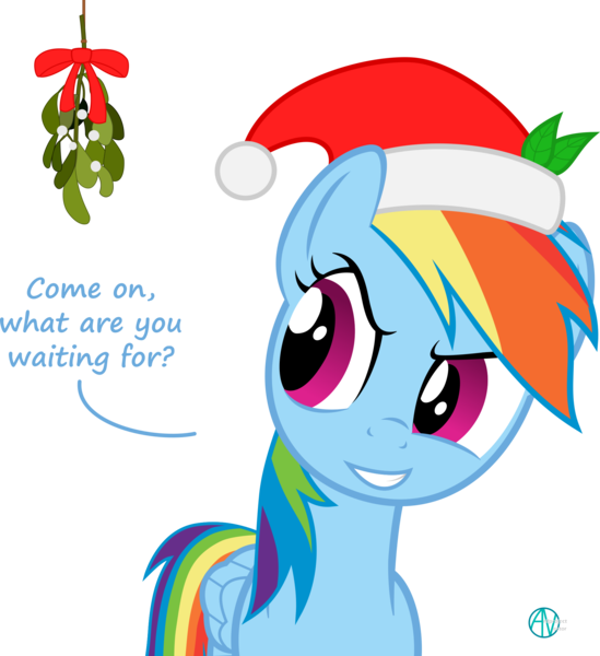 Size: 2000x2187 | Tagged: safe, artist:arifproject, derpibooru import, part of a set, rainbow dash, pony, arif's mistletoe pone, christmas, dialogue, hat, holiday, leaf, mistletoe, ribbon, santa hat, simple background, solo, transparent background, vector