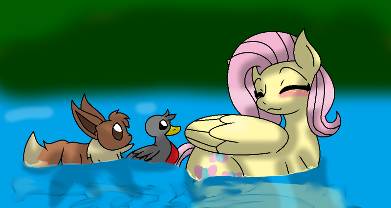 Size: 1147x609 | Tagged: artist:yoshimister, bird, cute, derpibooru import, duck, eevee, fluttershy, pokémon, safe, shyabetes, swimming, water