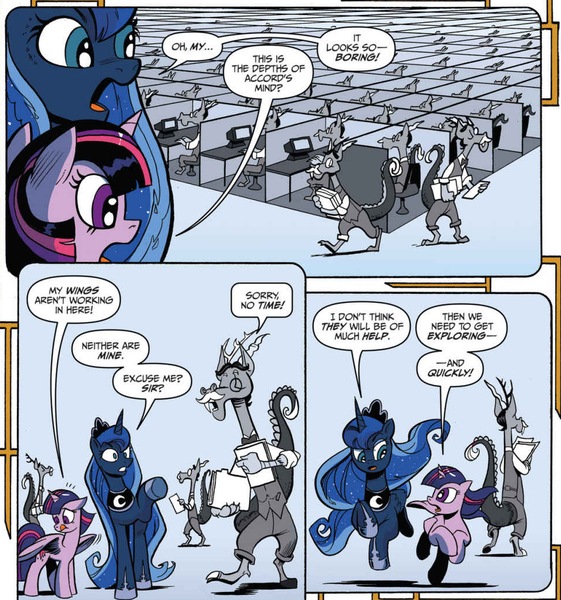 Size: 964x1031 | Tagged: accord, accord (arc), alicorn, artist:andypriceart, chaos theory (arc), derpibooru import, discord, idw, in all disorder a secret order, part the second: in all chaos there is a cosmos, princess luna, safe, spoiler:comic, spoiler:comic49, twilight sparkle, twilight sparkle (alicorn)