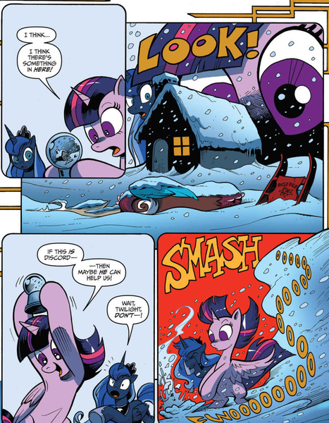 Size: 924x1188 | Tagged: safe, artist:andypriceart, derpibooru import, idw, princess luna, twilight sparkle, twilight sparkle (alicorn), alicorn, pony, chaos theory (arc), spoiler:comic, spoiler:comic49, accord (arc), armpits, citizen kane, facehoof, in all disorder a secret order, part the second: in all chaos there is a cosmos, rosebud (citizen kane)