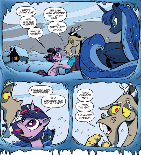 Size: 965x1064 | Tagged: safe, artist:andypriceart, derpibooru import, idw, discord, princess luna, twilight sparkle, twilight sparkle (alicorn), alicorn, pony, chaos theory (arc), spoiler:comic, spoiler:comic49, accord (arc), in all disorder a secret order, part the second: in all chaos there is a cosmos