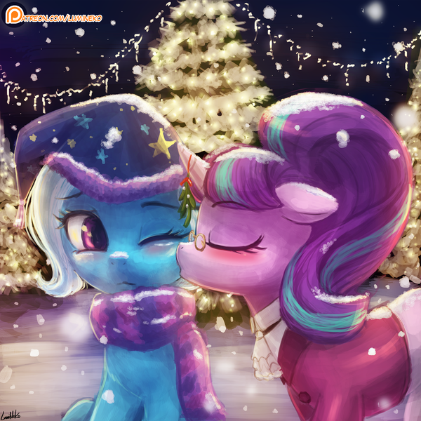 Size: 2000x2000 | Tagged: safe, artist:lumineko, derpibooru import, snowfall frost, starlight glimmer, trixie, pony, unicorn, :<, blushing, christmas, christmas lights, christmas tree, clothes, cute, diatrixes, eyes closed, female, floppy ears, frown, glasses, glimmerbetes, hat, holiday, kissing, lesbian, mare, mistletoe, mistletoe horn, nightcap, one eye closed, patreon, patreon logo, scarf, shipping, snow, snowfall, startrix, tree, trixie's nightcap, wink