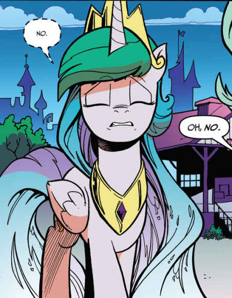 Size: 452x581 | Tagged: accord (arc), artist:andypriceart, chaos theory (arc), cropped, derpibooru import, idw, in all disorder a secret order, no, part the second: in all chaos there is a cosmos, princess celestia, reaction image, safe, solo, spoiler:comic49