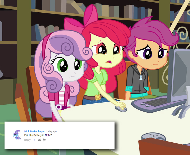Size: 964x784 | Tagged: safe, derpibooru import, edit, edited screencap, screencap, apple bloom, scootaloo, sweetie belle, trixie, equestria girls, equestria girls (movie), book, bookshelf, chair, computer, computer mouse, cutie mark crusaders, keyboard, library, ribbon, table, youtube