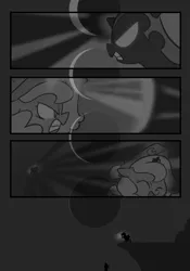 Size: 666x950 | Tagged: artist:egophiliac, cartographer's cap, cliff, dark woona, derpibooru import, female, filly, glowing eyes, grayscale, hat, magic, monochrome, moon, moonstuck, nightmare moon, nightmare woon, princess luna, safe, woona, younger
