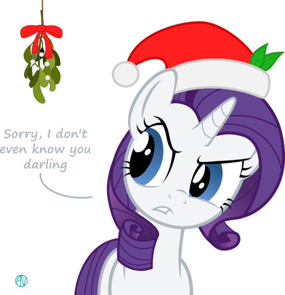 Size: 2130x2205 | Tagged: safe, artist:arifproject, derpibooru import, part of a set, rarity, pony, arif's mistletoe pone, christmas, denied, dialogue, hat, holiday, leaf, mistletoe, ribbon, santa hat, simple background, solo, transparent background, vector