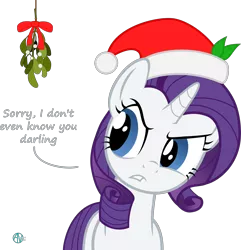 Size: 2130x2205 | Tagged: safe, artist:arifproject, derpibooru import, part of a set, rarity, pony, arif's mistletoe pone, christmas, denied, dialogue, hat, holiday, leaf, mistletoe, ribbon, santa hat, simple background, solo, transparent background, vector