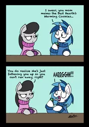 Size: 1748x2480 | Tagged: safe, artist:bobthedalek, derpibooru import, octavia melody, vinyl scratch, earth pony, pony, unicorn, clothes, comic, cookie, female, food, hearth's warming, mare, mug, screaming, sweater, this will end in weight gain, this will end with octamum, unamused