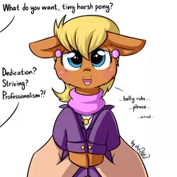 Size: 1920x1920 | Tagged: safe, artist:dsp2003, derpibooru import, part of a set, ms. harshwhinny, human, pony, blushing, clothes, cute, :d, dialogue, floppy ears, fluffy, holding a pony, i can't believe it's not tjpones, implied belly rubs, lidded eyes, looking at you, ms. cutewhinny, offscreen character, open mouth, part of a series, simple background, smiling, style emulation, this will end in belly rubs, tired, unprofessional, what do you want, white background