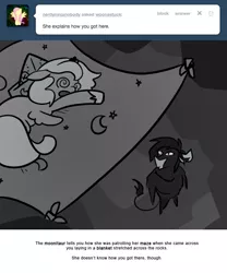 Size: 666x800 | Tagged: artist:egophiliac, baby blanket, cartographer's cap, derpibooru import, female, filly, grayscale, hat, monochrome, moonitaur, moonstuck, oc, oc:stardust (egophiliac), princess luna, safe, swirly eyes, unconscious, woona, younger