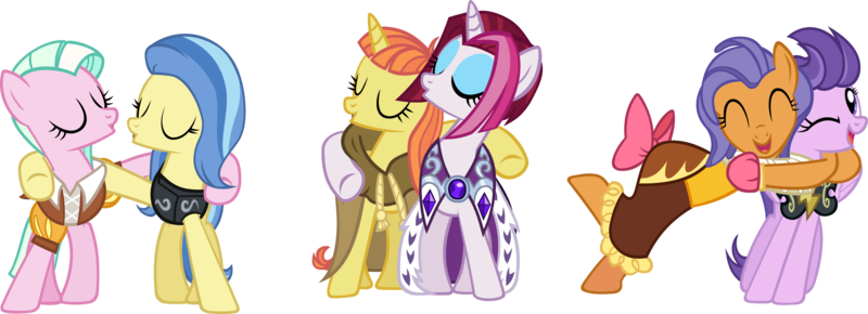 Size: 3095x1123 | Tagged: armor, artist:ironm17, cape, cayenne, chancellor puddinghead, citrus blush, clear skies, clothes, clover the clever, commander hurricane, derpibooru import, frying pan, frying pan (character), hearth's warming eve (episode), hug, las pegasus resident, princess platinum, private pansy, safe, simple background, singing, smart cookie, sunshower, tender brush, transparent background, winter lotus