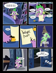 Size: 1275x1650 | Tagged: artist:dsana, comic, comic:to look after, derpibooru import, dragon mail, fire, green fire, ink, inkwell, safe, scroll, spike, twilight's canterlot home