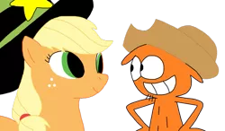 Size: 1023x597 | Tagged: accessory swap, applejack, artist needed, crossover, derpibooru import, eye contact, hat, looking at each other, safe, source needed, wander over yonder, wander (wander over yonder)