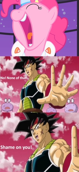 Size: 488x1055 | Tagged: bardock, derpibooru import, dragon ball z, dragonball z abridged, exploitable meme, meme, no! none of that! shame on you!, pinkie pie, safe