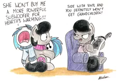 Size: 2129x1414 | Tagged: safe, artist:bobthedalek, derpibooru import, octavia melody, vinyl scratch, oc, oc:mixed melody, oc:octavia's mother, earth pony, pony, :<, annoyed, carrying, chair, clothes, crying, frown, glare, hug, newspaper, open mouth, scarf, sitting, sweater, traditional art, unamused, wide eyes