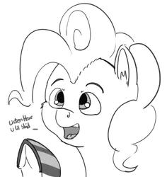 Size: 1280x1357 | Tagged: safe, artist:pabbley, derpibooru import, pinkie pie, earth pony, pony, frog (hoof), grayscale, listen here, meme, monochrome, pointy hooves, simple background, solo, style emulation, underhoof, white background