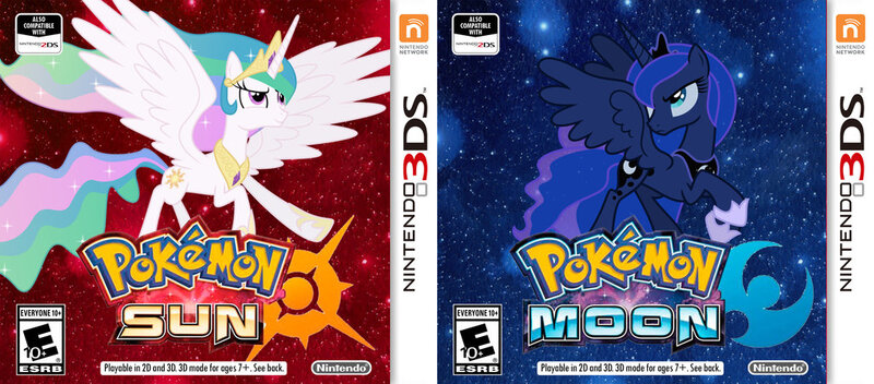 Size: 1024x450 | Tagged: 3ds, artist:fujib13, catasterism, cover, derpibooru import, pokémon, pokémon sun and moon, princess celestia, princess luna, royal sisters, safe