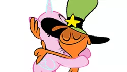 Size: 1024x581 | Tagged: base, bonding, crossover, crossover shipping, derpibooru import, eyes closed, hug, love, safe, shipping, wander over yonder, wander (wander over yonder)