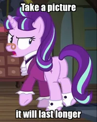 Size: 414x520 | Tagged: a hearth's warming tail, butt, caption, cropped, derpibooru import, edit, edited screencap, glimmer glutes, image macro, irony, meme, plot, safe, screencap, snowfall frost, solo, starlight glimmer, text