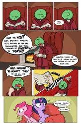 Size: 1984x3035 | Tagged: safe, artist:shoutingisfun, derpibooru import, pinkie pie, twilight sparkle, twilight sparkle (alicorn), oc, oc:anon, alicorn, pony, comic:the little match filly, angry, anon's couch, book, book sense, comic, couch, female, fireplace, food, meat, pepperoni, pepperoni pizza, pizza, ponies eating meat, pure unfiltered evil, swearing, that pony sure does love books, the little match girl, twilight sense, vulgar