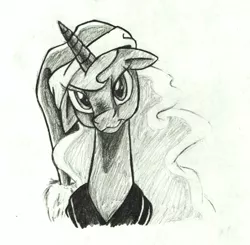 Size: 1328x1304 | Tagged: artist:naivintage, bust, christmas, derpibooru import, floppy ears, hat, hearth's warming eve, holiday, monochrome, portrait, princess luna, safe, santa hat, sketch, solo