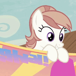 Size: 362x362 | Tagged: safe, derpibooru import, screencap, cloud brûlée, pegasus, pony, to where and back again, animated, background pony, banner, cute, female, flying, gif, mare, smiling, solo