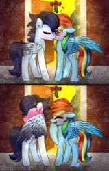 Size: 1024x1615 | Tagged: safe, artist:northlights8, derpibooru import, rainbow dash, soarin', pony, blushing, blushing profusely, colored wings, colored wingtips, embarrassed, female, kissing, male, mistletoe, shipping, soarindash, straight, wings