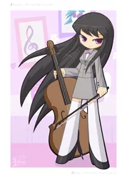 Size: 1200x1688 | Tagged: artist:howxu, bow (instrument), bowtie, cello, cello bow, clothes, derpibooru import, human, humanized, long hair, musical instrument, music notes, octavia melody, safe, solo, vinyl scratch, zettai ryouiki