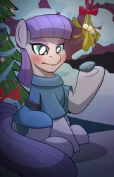 Size: 1650x2550 | Tagged: safe, artist:drawponies, derpibooru import, boulder (pet), maud pie, pony, blushing, cargo ship, christmas, christmas tree, clothes, duo, eyeshadow, holiday, lidded eyes, makeup, mistletoe, shipping, snow, tree