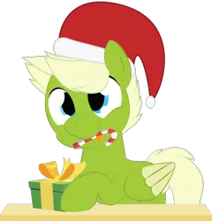 Size: 2000x2082 | Tagged: safe, artist:mintysketch, derpibooru import, oc, oc:ponytronic, unofficial characters only, pegasus, pony, candy, candy cane, christmas, food, hat, holding, holding a present, holiday, male, minty's christmas ponies, mouth hold, present, santa hat, simple background, smiling, solo, tongue out, transparent background, vector