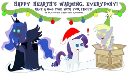 Size: 4961x2835 | Tagged: safe, artist:sketchmcreations, derpibooru import, derpy hooves, princess luna, rarity, spirit of hearth's warming yet to come, pegasus, pony, absurd resolution, box, christmas, derpy star, female, hat, holiday, mare, merry christmas, pointy ponies, santa hat, simple background, transparent background