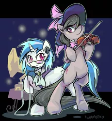 Size: 1600x1729 | Tagged: safe, artist:tyuubatu, derpibooru import, octavia melody, vinyl scratch, pony, a hearth's warming tail, bipedal, duo, glasses, gramophone, hat, headphones, musical instrument, smiling, victrola scratch, violin