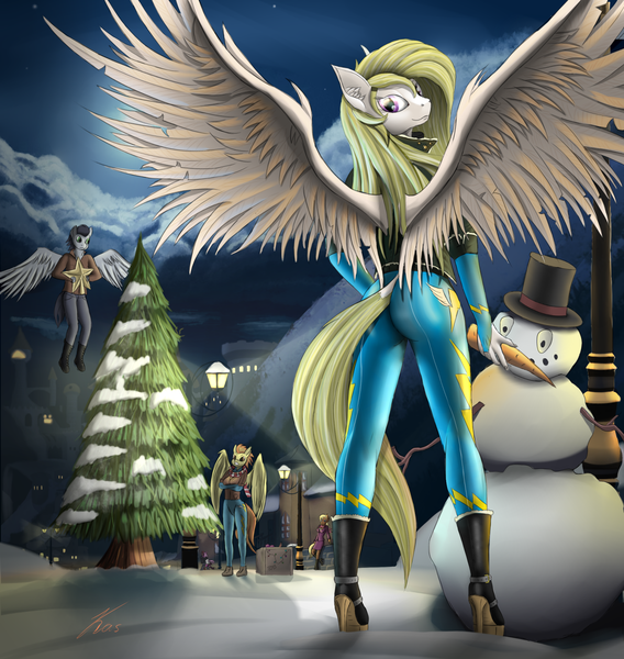 Size: 1400x1480 | Tagged: anthro, artist:kasaler, ass, butt, carrot, christmas, christmas tree, clothes, derpibooru import, ear fluff, flying, food, hat, high heels, holiday, looking at you, ms. harshwhinny, night, offscreen character, pegasus, safe, scarf, shoes, snow, snowman, soarin', solo focus, spitfire, spread wings, surprisamena, surprise, the ass was fat, top hat, tree, uniform, wings, winter, wonderbolts uniform