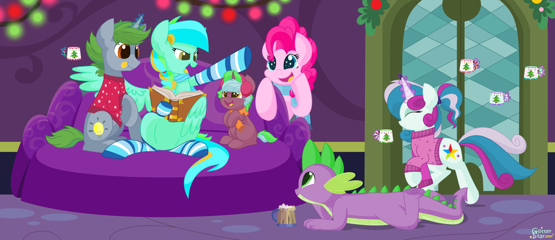 Size: 10072x4368 | Tagged: absurd resolution, artist:glitterstar2000, clothes, derpibooru import, hearth's warming, oc, pinkie pie, safe, socks, spike, sweater